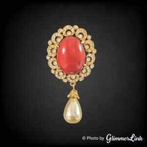 Vintage DeNicola Red Orange Glass Cabochon Brooch Rhinestone Pearl Dangle 1960s